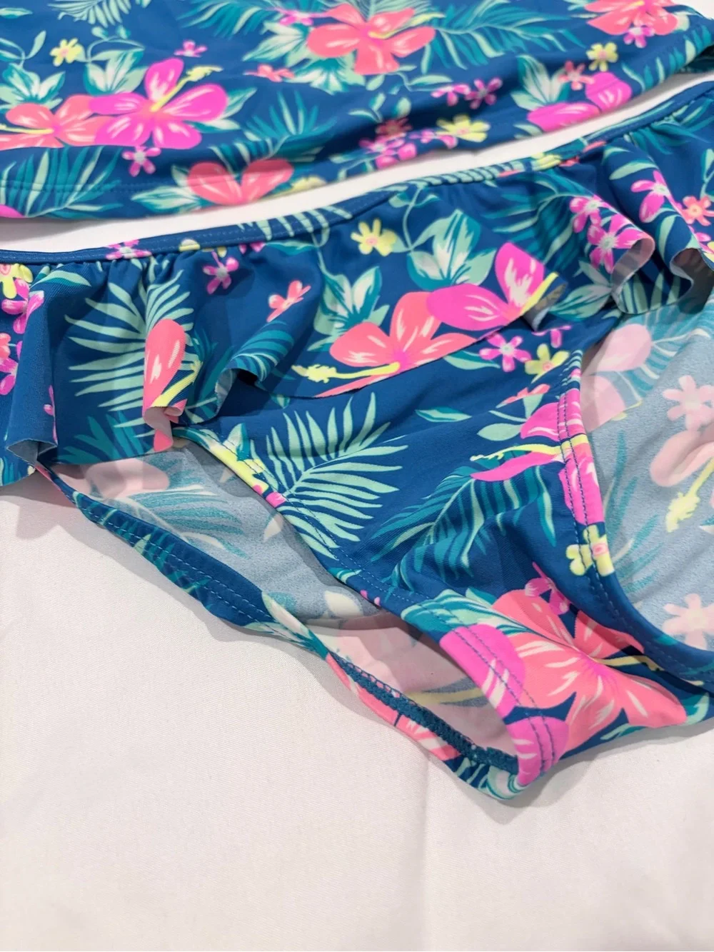 Navy Floral Ruffle Tankini with Pink Flowers